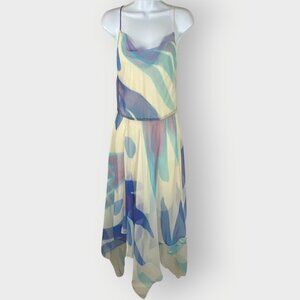 Vtg Shangri La Dress | Multicolor Chiffon | Cowl Hanky Hem | Retro Fairy